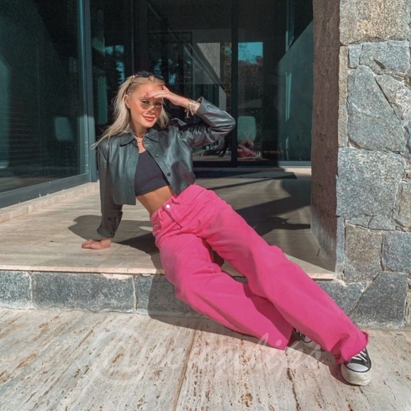 90s Style Pink Wide Leg Jeans High Waist Raw Hem - Picture 10 of 14